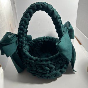 Cloth Braided Woven Dark Green Basket with Bows